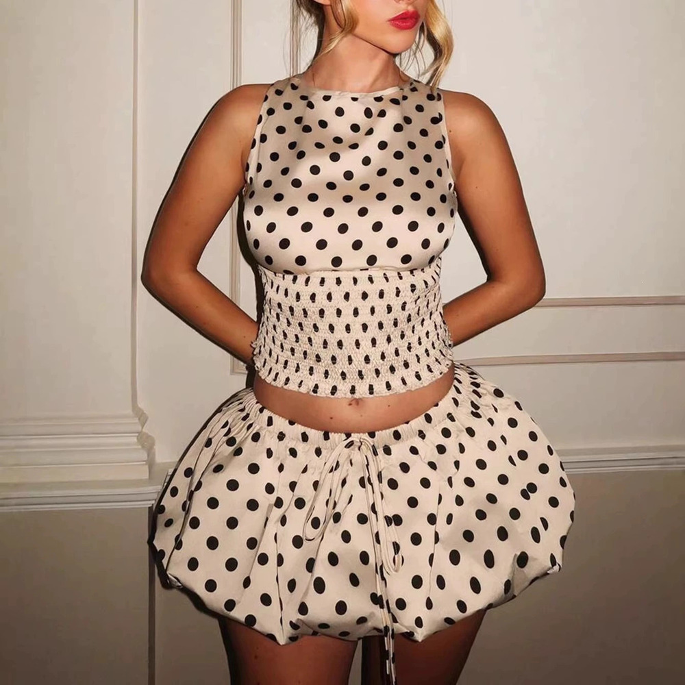 Zara Polka Dot Halter Top High Waist Skirt Set Tie Design